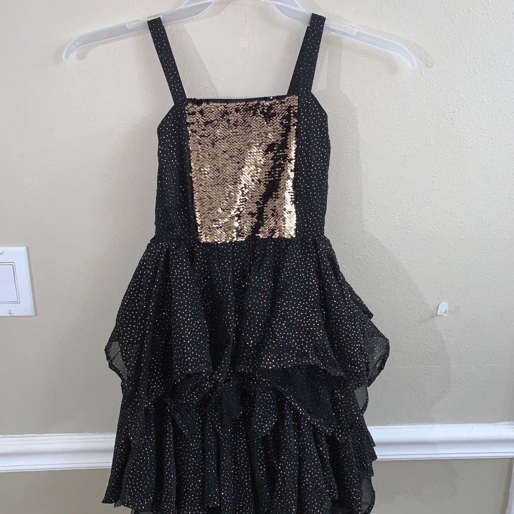 Girls Sz 8 Justice Dress Sleeveless Black gold Sparkly Sequin layered Tutu
